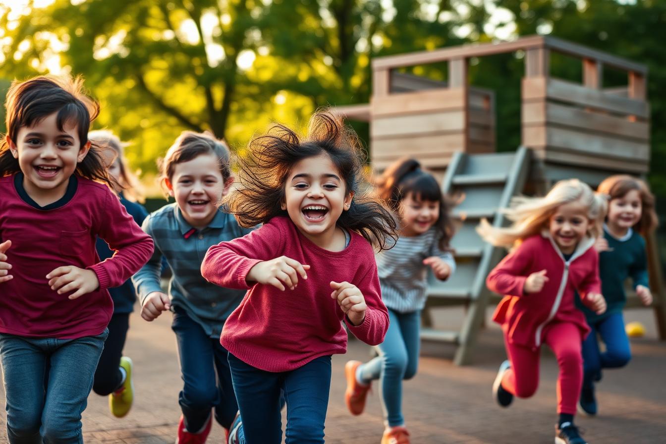 Schoolkinderen rennen lachend over het plein van de buitenschoolse opvang