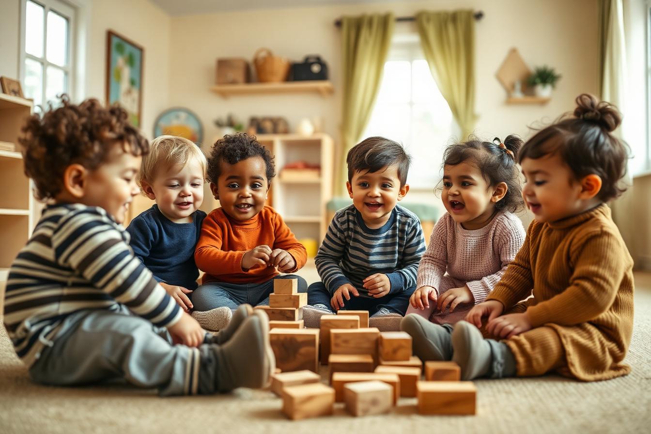 Peuters met verschillende achtergronden spelen samen met houten blokken