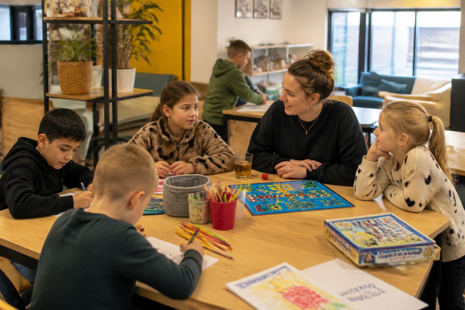 Schoolkinderen spelen een gezelschapsspel en tekenen aan tafel bij de BSO