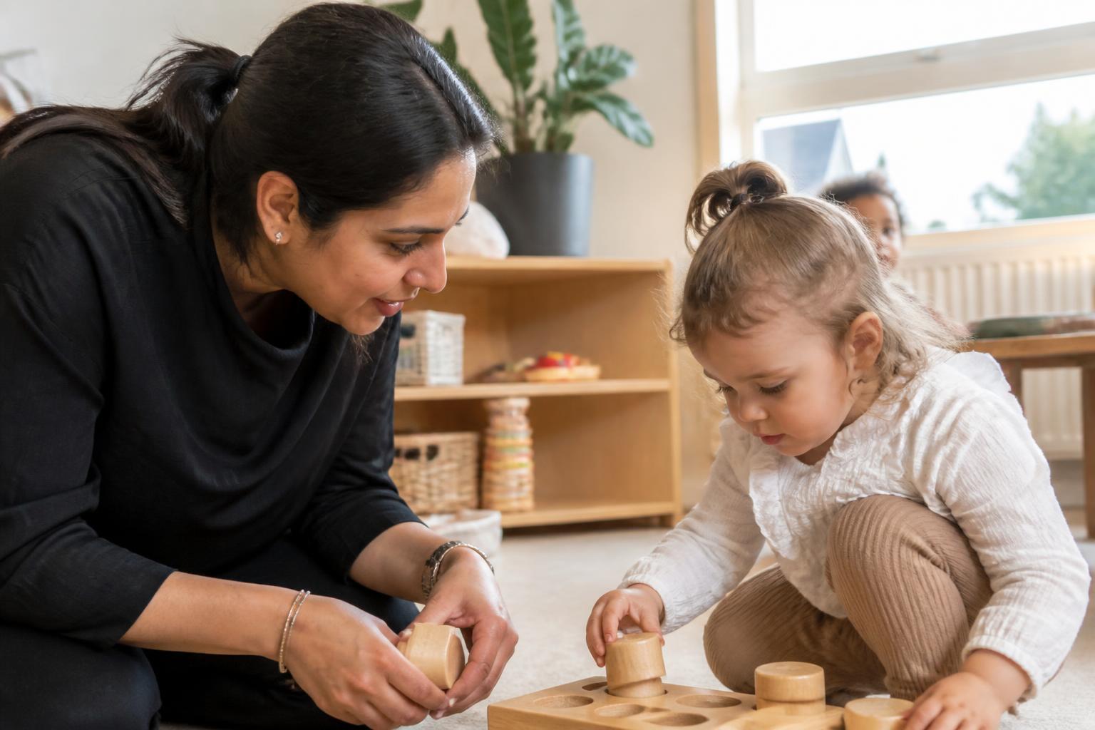 Pedagogisch medewerker zit op ooghoogte naast een peuter die met houten vormenspeelgoed speelt