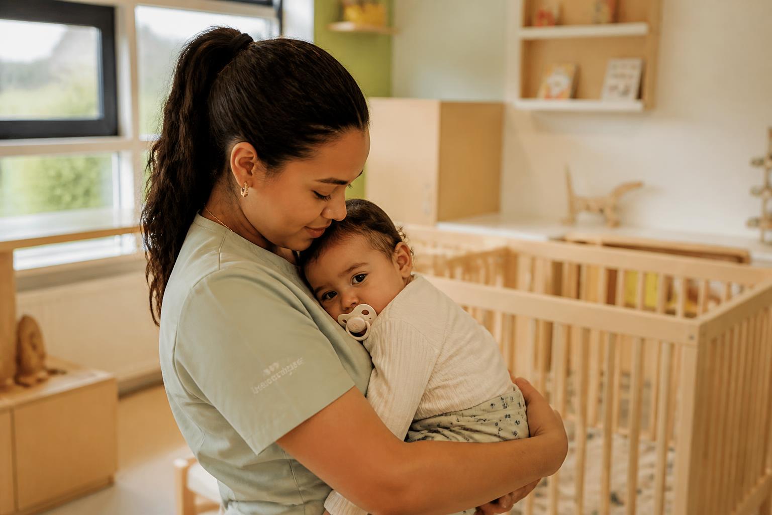 Pedagogisch medewerker houdt een lachende baby op schoot in de babygroep